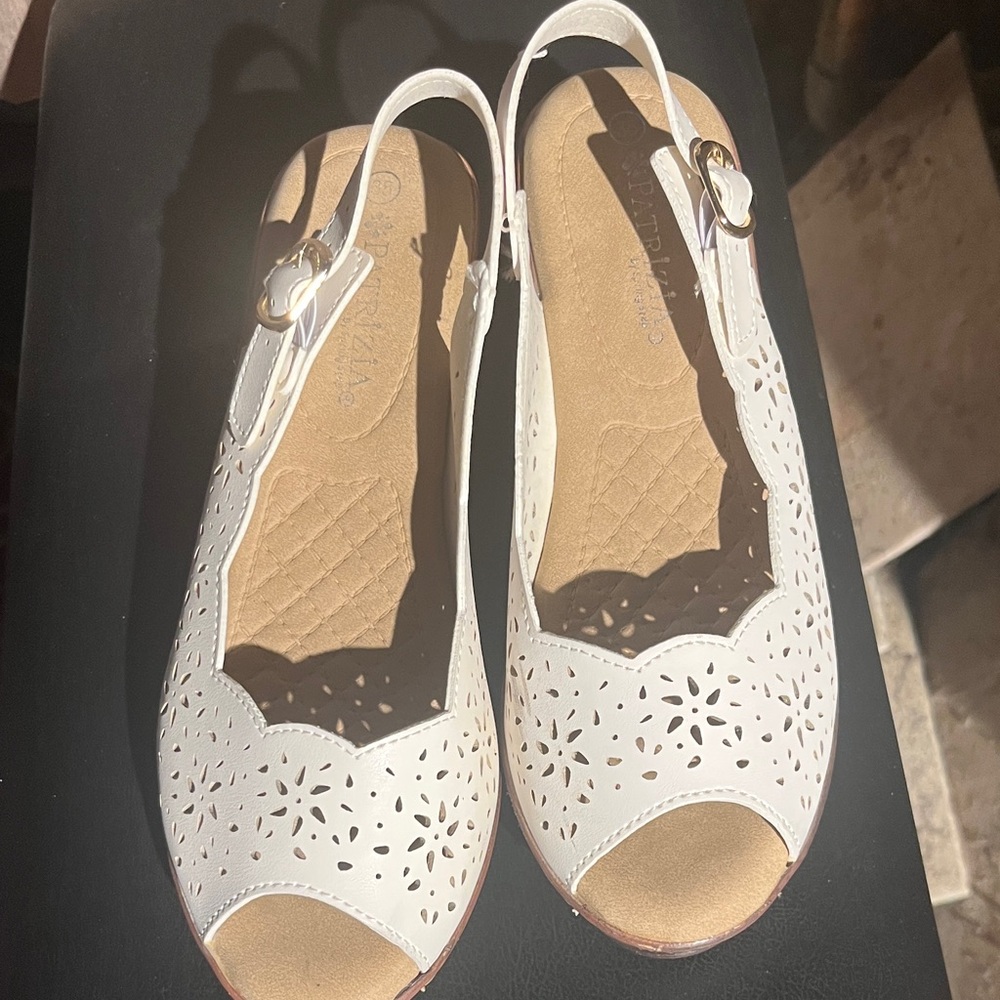 Spring Step White Laser-Cut Slingback Peep-Toe Sandals